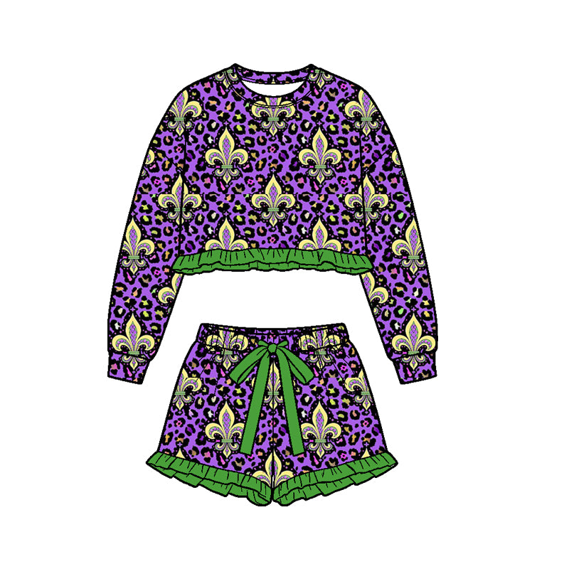 9.8 GLS0240 Preorder Anchor Leopard Long Sleeve Top Ruffle Shorts Girls Mardi Gras Clothes Set