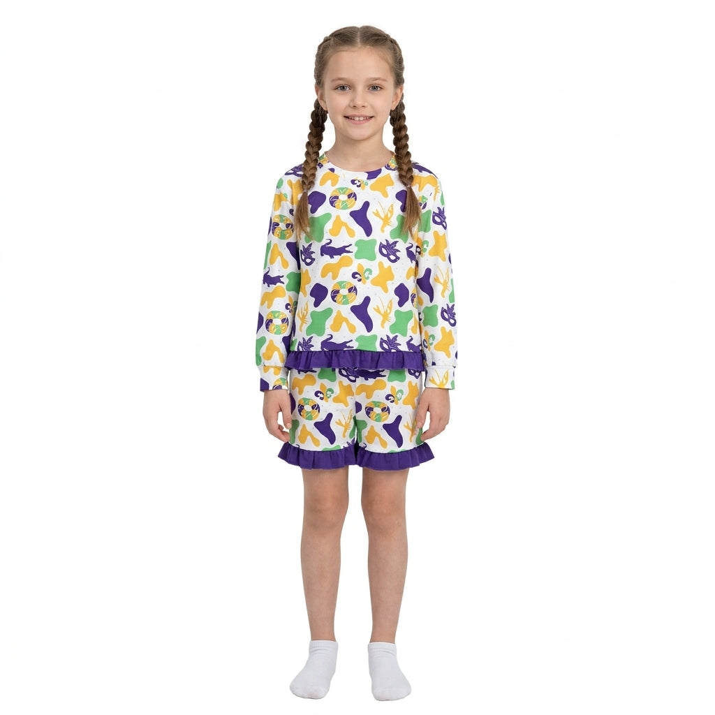 GLS0243 Donut Anchor Crayfish Camo Long Sleeve Top Ruffle Shorts Girls Mardi Gras Clothes Set