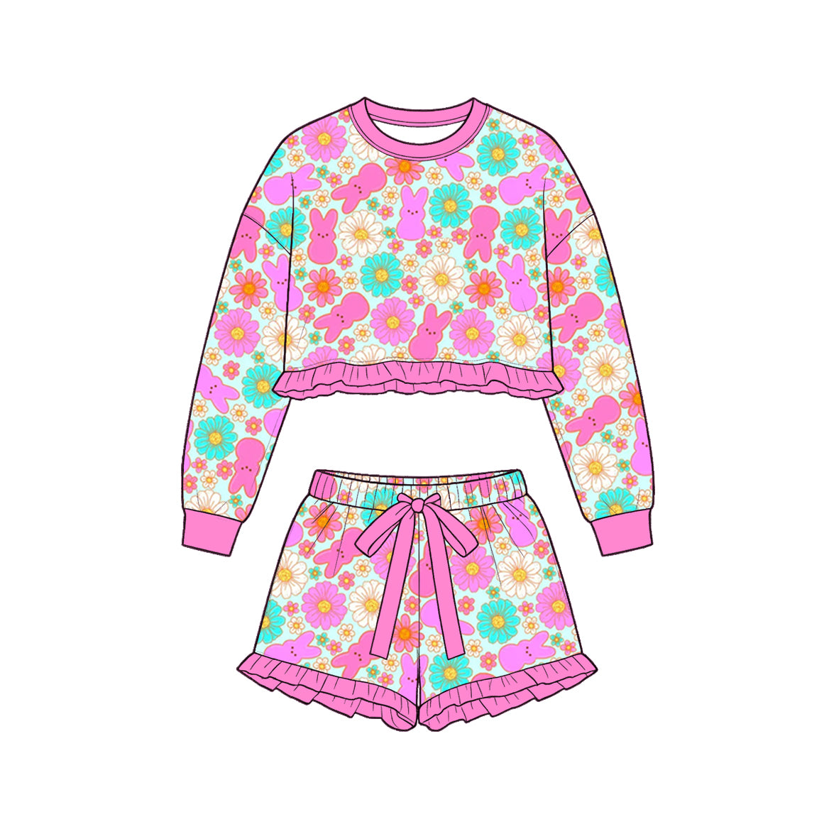 9.8 GLS0247 Preorder Easter Flowers Bunny Long Sleeve Top Shorts Outfit
