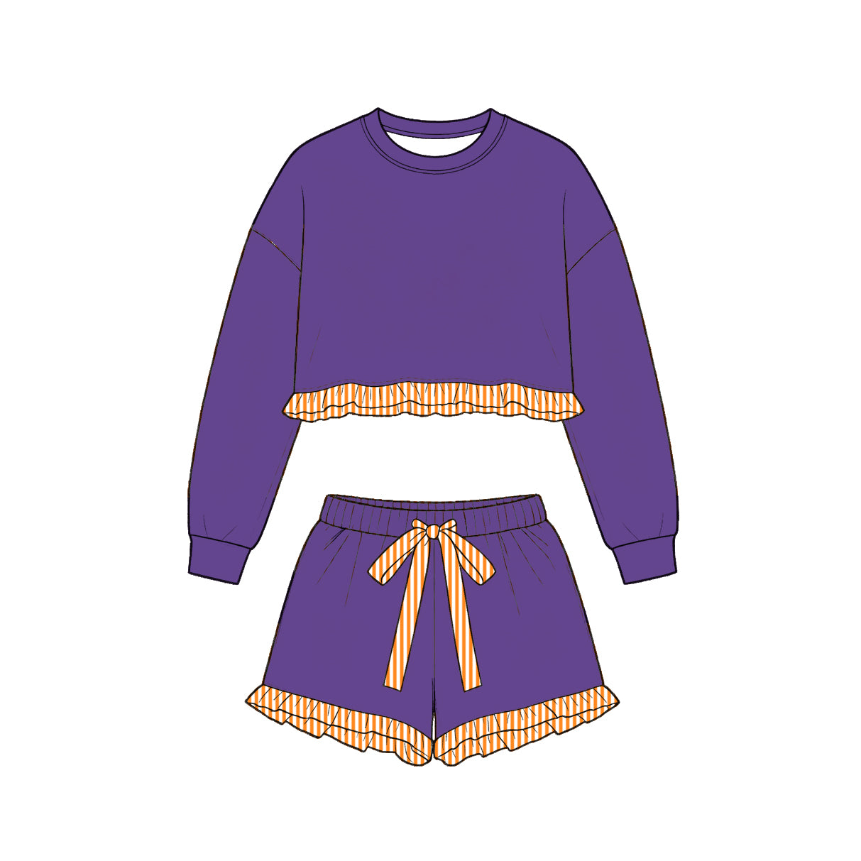 9.10 GLS0248 Preorder Purple Long Sleeve Top Orange Ruffle Shorts Girls Clothes Set