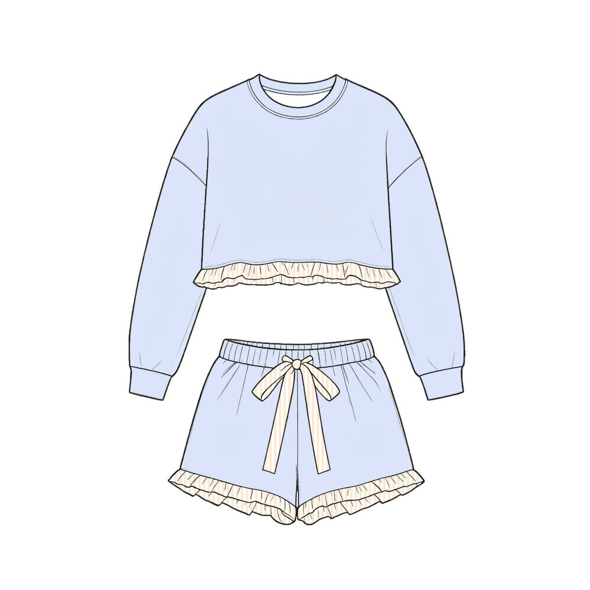 9.10 GLS0250 Preorder Light Blue Long Sleeve Top Orange Ruffle Shorts Girls Clothes Set