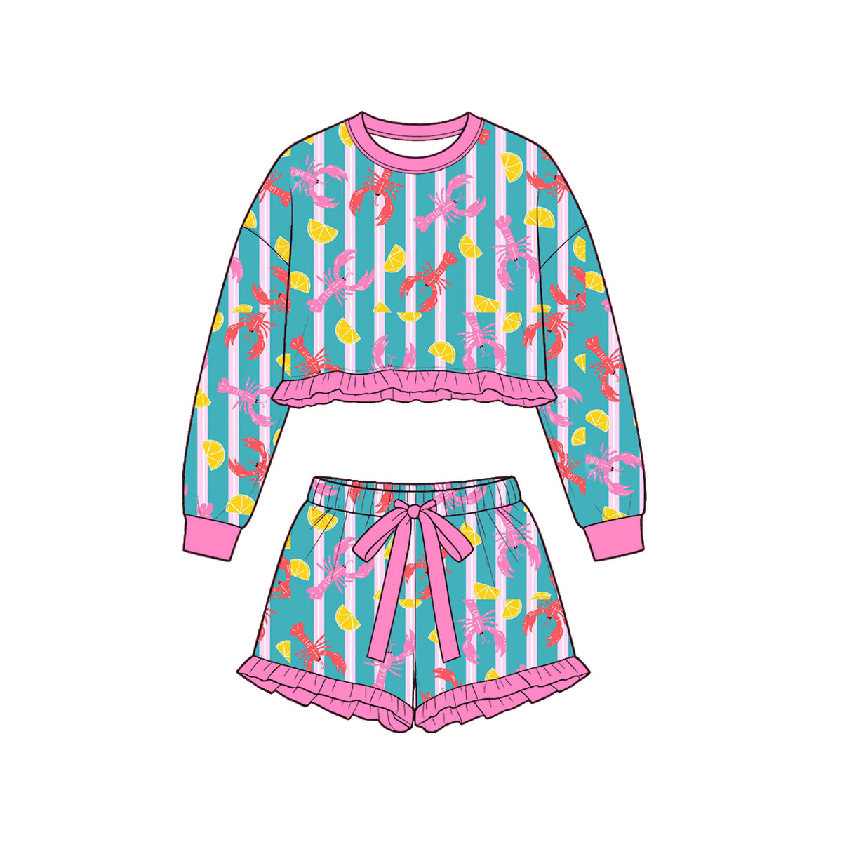 9.22 Preorder GLS0264 Kids Girls Crayfish Lemon Long Sleeve Top with Shorts Outfit