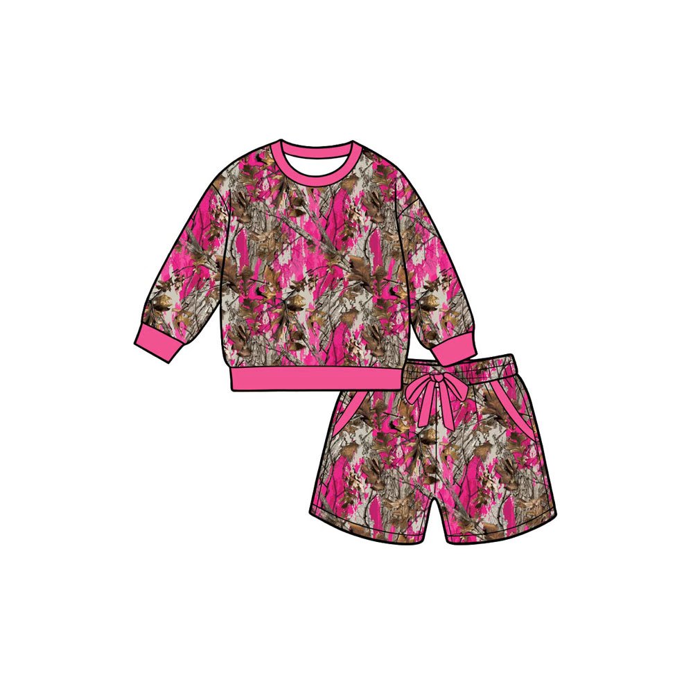 10.1 Preorder GLS0267 Kids Girls Pink Camo Long Sleeve Top Shorts Outfit