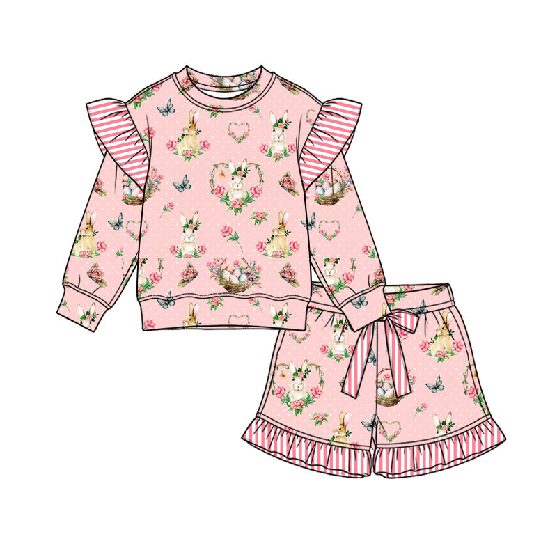 10.10 GLS0270 Preorder Kids Girls Easter Bunny Long Sleeve Top Shorts Outfit