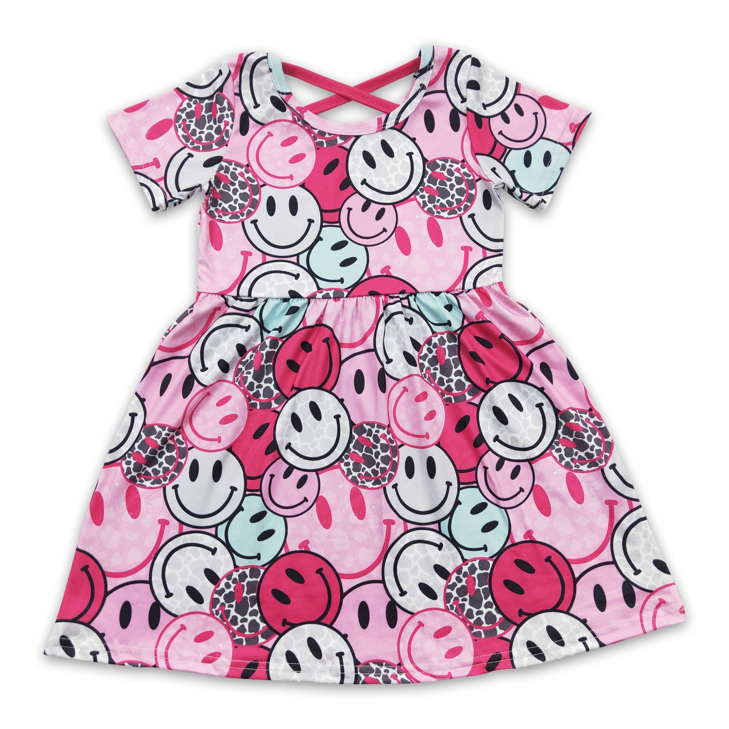 GSD0312 Smiling Pink Print Girls Short Sleeve Knee Length Dress