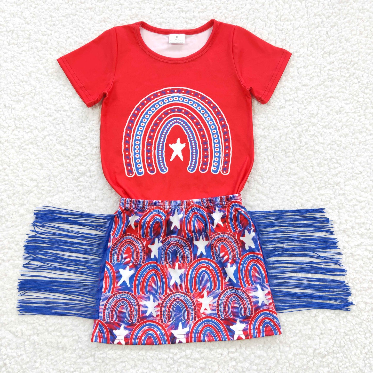 GSD0338 Rainbow Red Top Tassel Skirts Girls 4th of July Clothes Set