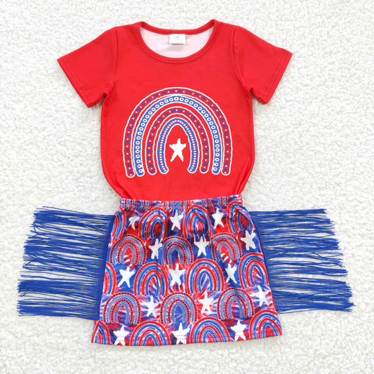 GSD0338 Rainbow Red Top Tassel Skirts Girls 4th of July Clothes Set