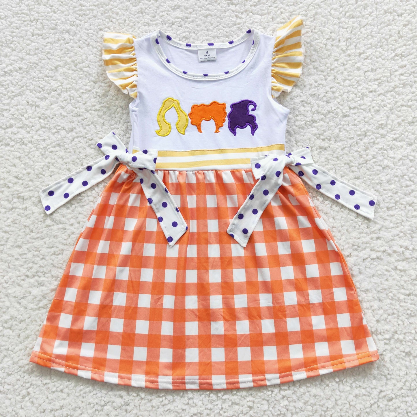 GSD0382 Witch Embroidery Orange Checkerd Girls Halloween Knee Length Dress