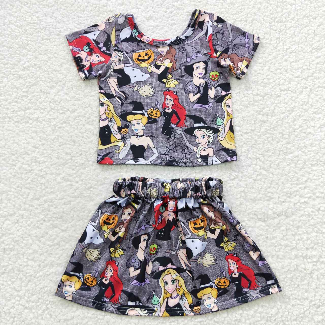 GSD0424 Cartoon Princess Pumpkin Print Girls Halloween Skirts Clothes Set