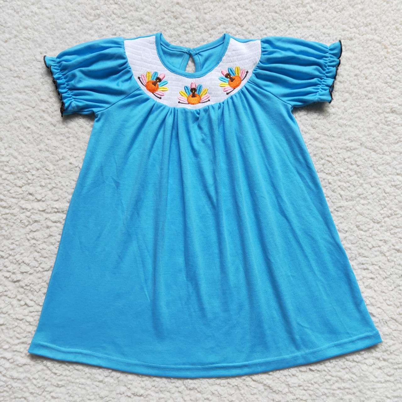 GSD0436 Turkey Embroidery Blue Cotton Girls Thanksgiving Knee Length Smocked Dress
