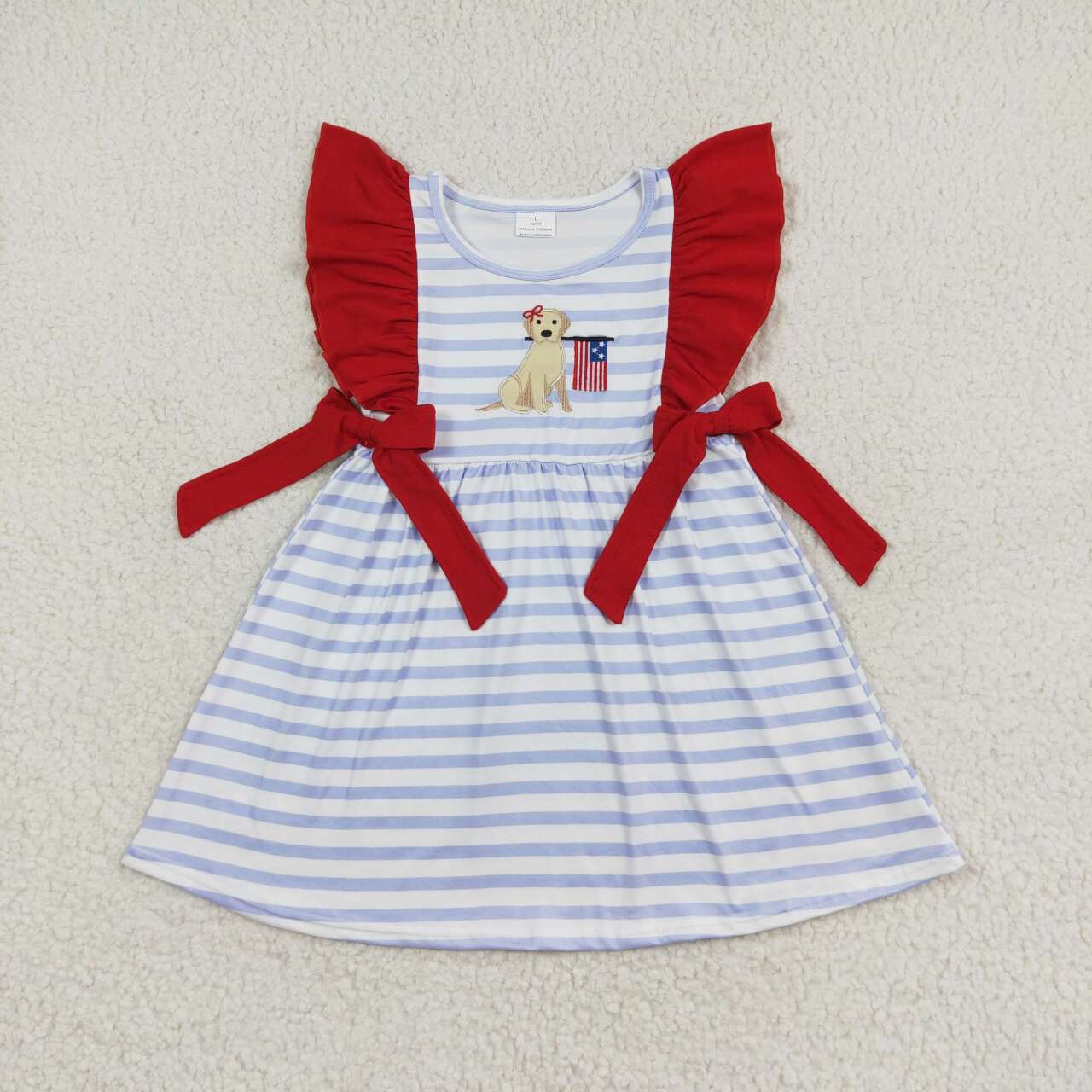 GSD0845 Dog Flag Embroidery Stripes Baby Girls 4th of July Flutter Sleeve Dress
