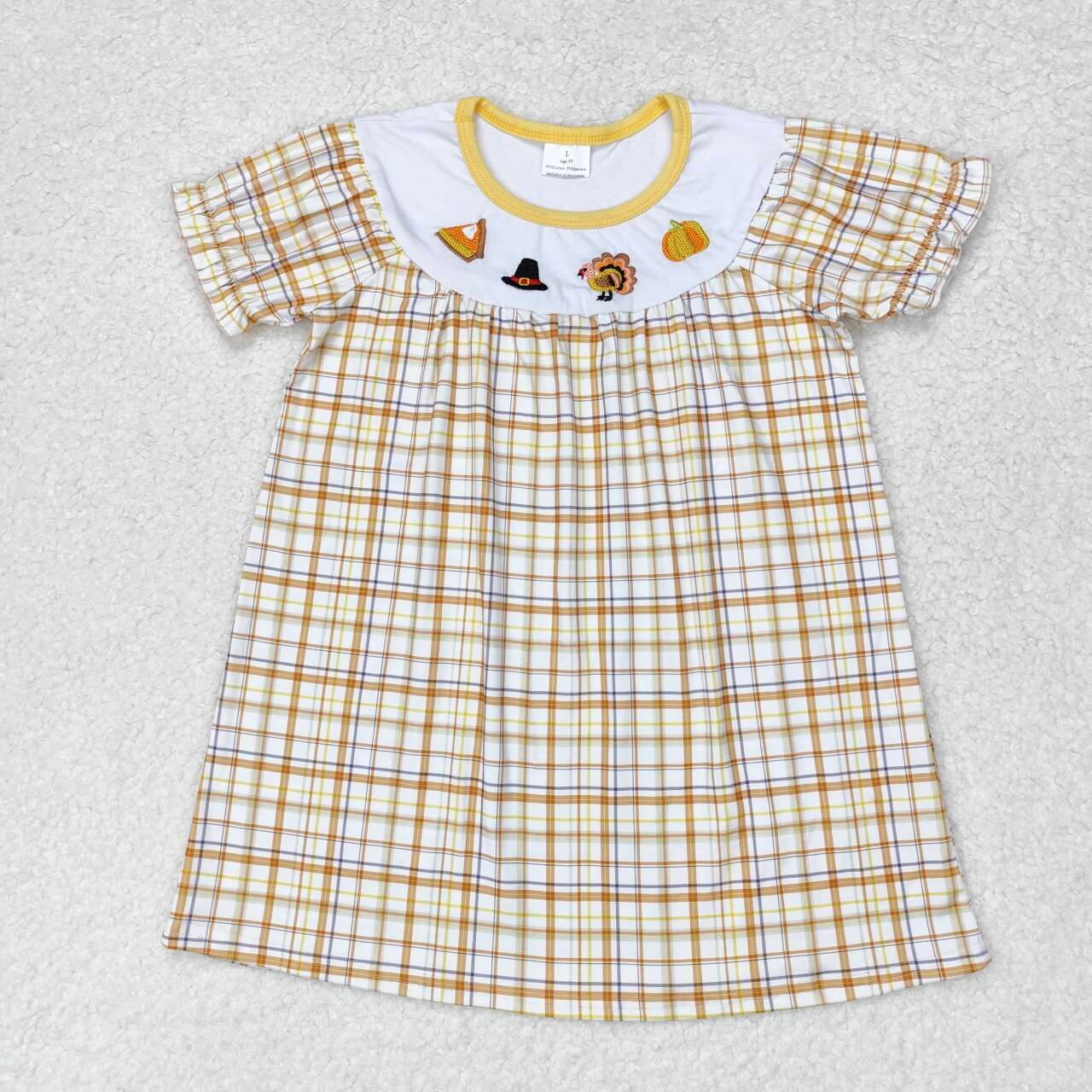 GSD1322 Turkey Pie Pumpkin Embroidery Checkered Girls Thanksgiving Knee Length Dress
