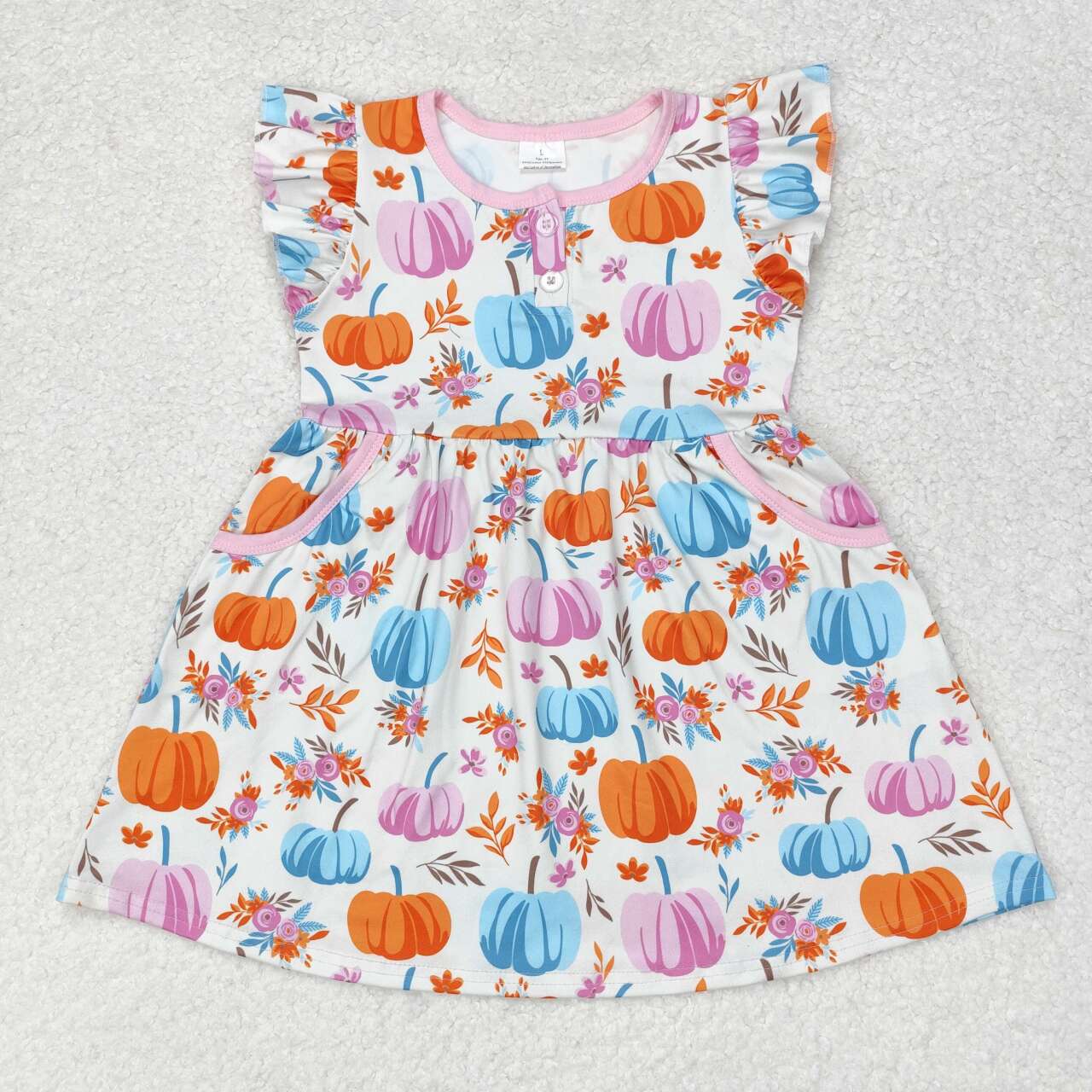 GSD1332 Pumpkin Flowers Print Pockets Girls Fall Knee Length Dress
