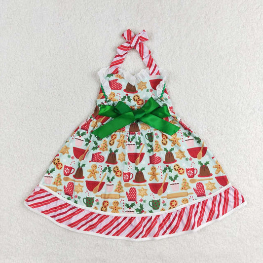 GSD1344 Gingerbread Holly Print Girls Christmas Knee Length Halter Dress