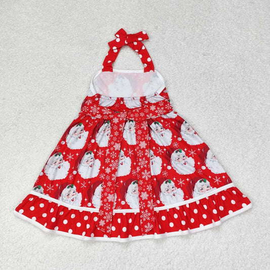GSD1345 Santa Red Print Girls Christmas Knee Length Halter Dress