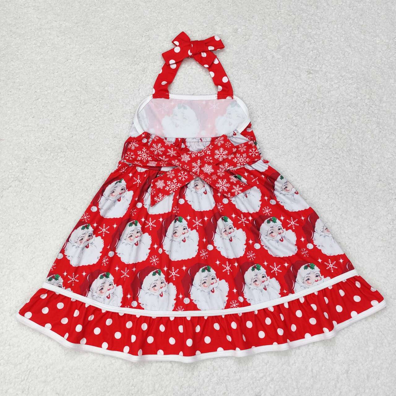 GSD1345 Santa Red Print Girls Christmas Knee Length Halter Dress
