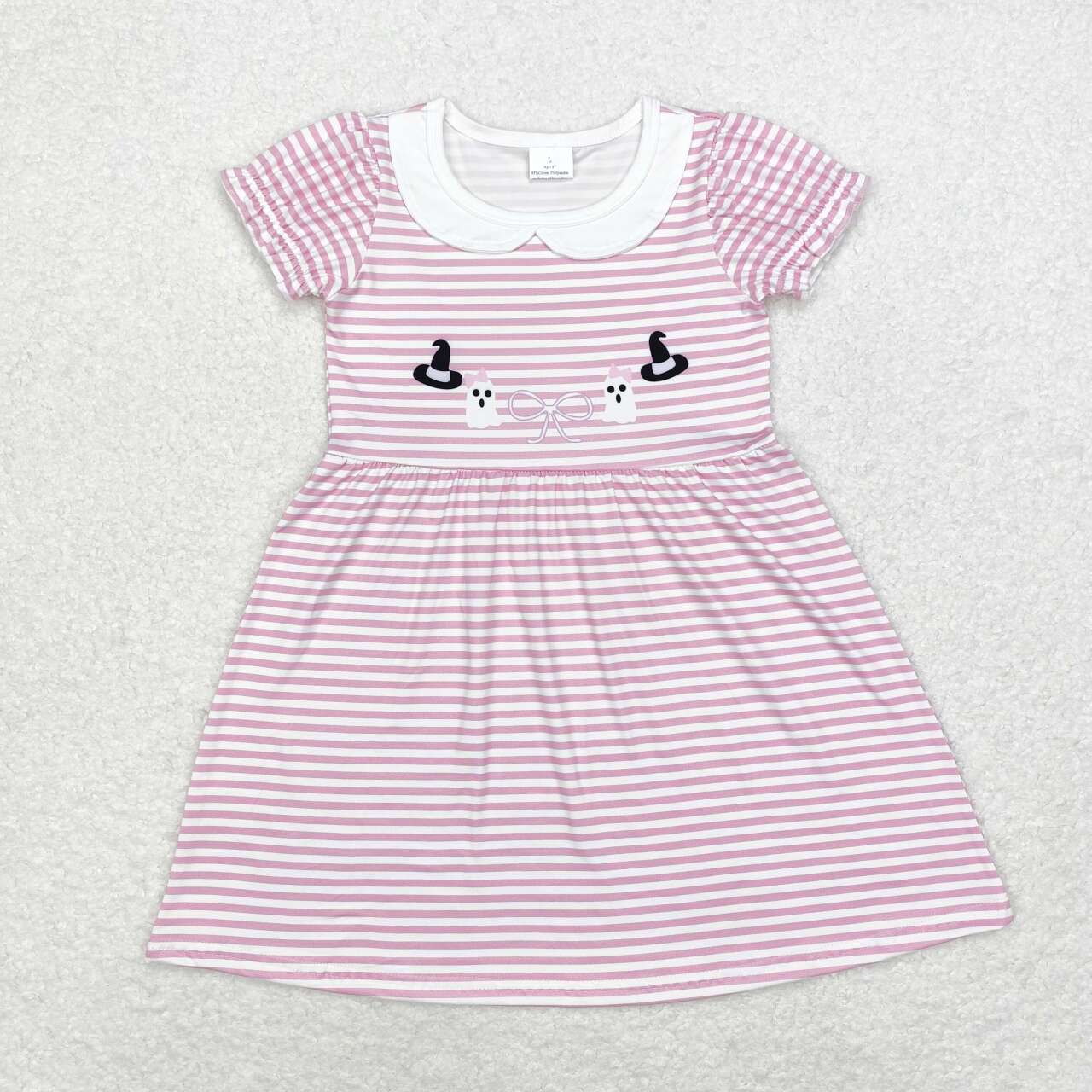 GSD1362 Ghost Bows Pink Stripes Girls Halloween Knee Length Dress