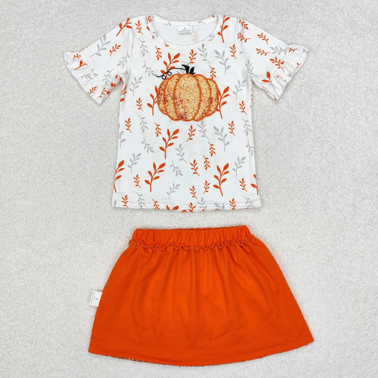 GSD1437 Pumpkin Embroidery Top Sequins Skirts Girls Fall Clothes Set