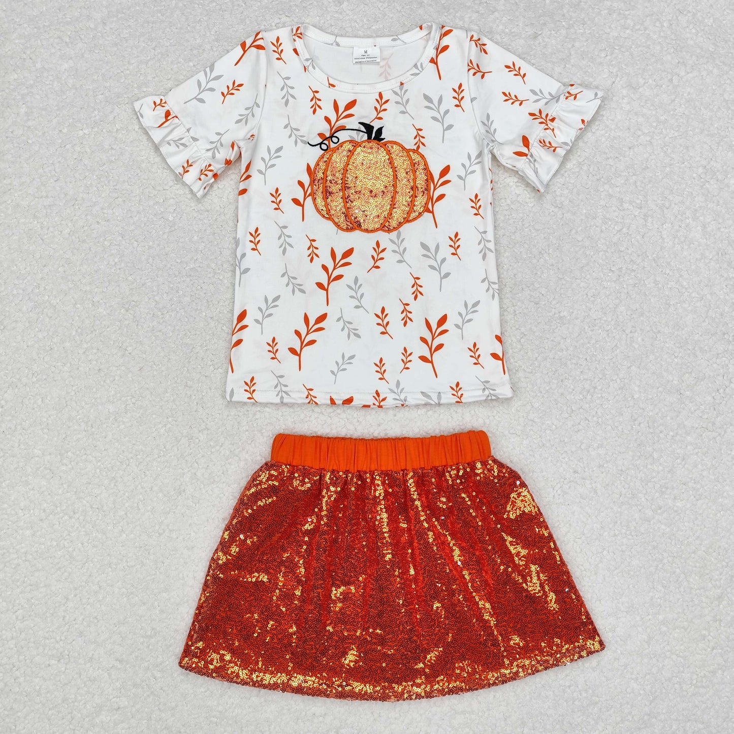 GSD1437 Pumpkin Embroidery Top Sequins Skirts Girls Fall Clothes Set