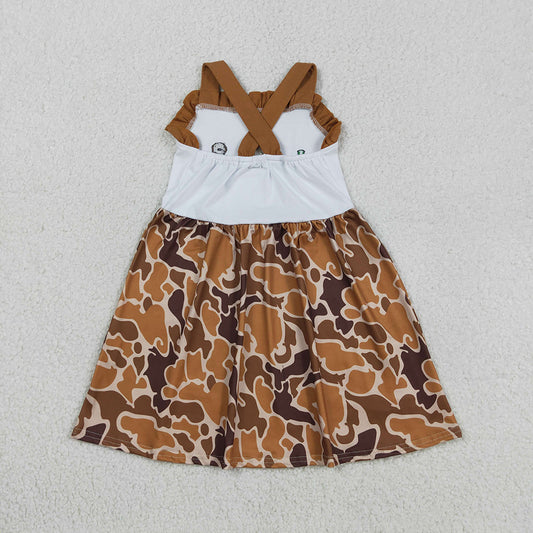 GSD1518 Duck Dog Embroidery Brown Camo Print Girls Summer Knee Length Dress