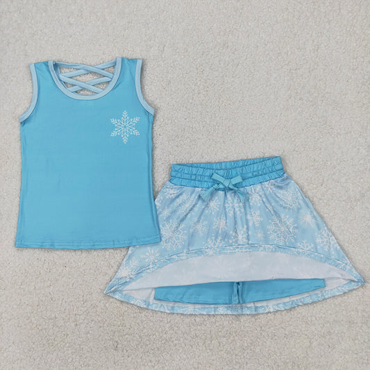 GSD2074 Snowflake Blue Print Vest Top Skirts Shorts Girls Summer Cartoon Princess Clothes Set