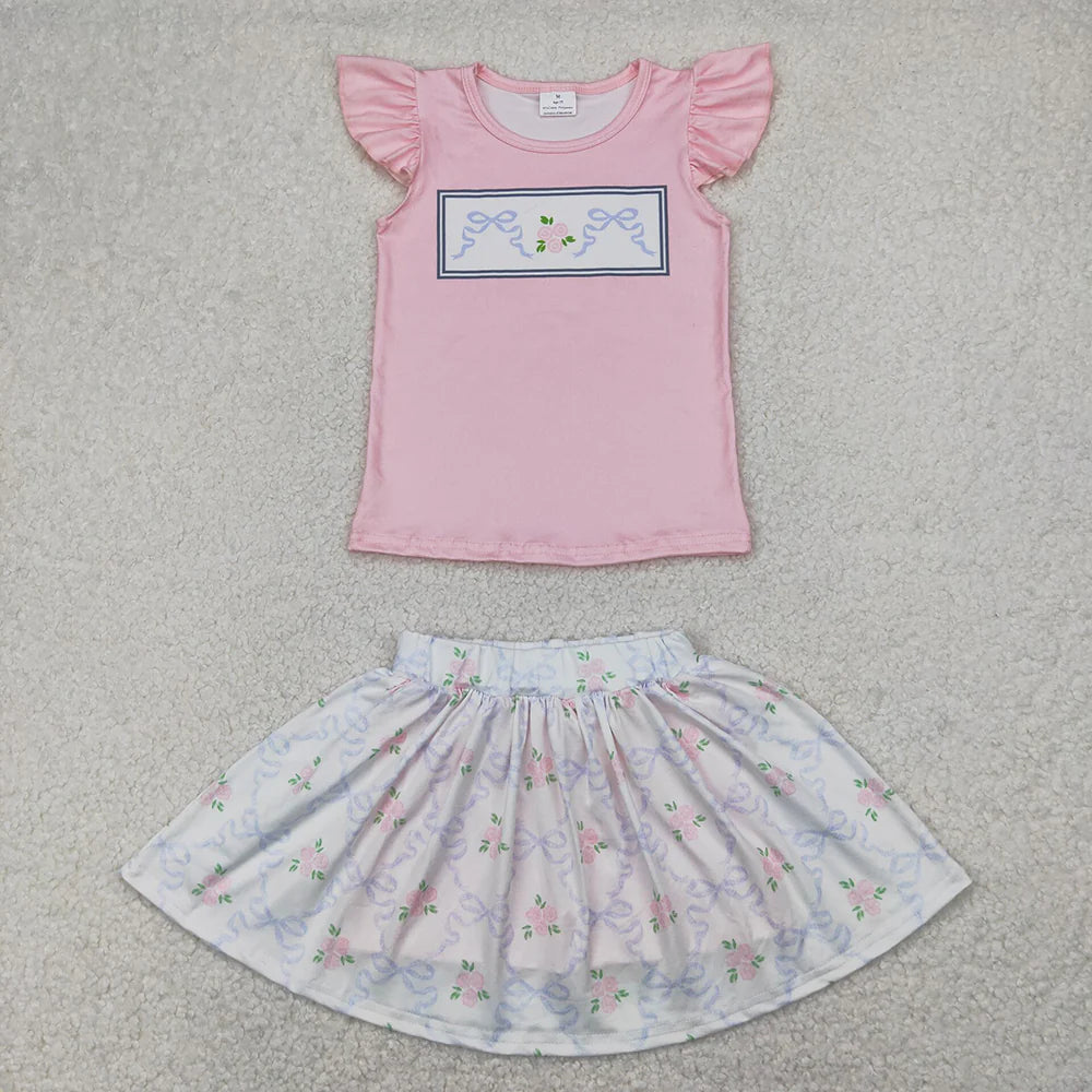 Baby Girls Green Pink Flutter Sleeves Bows Floral Top Skorts Sets