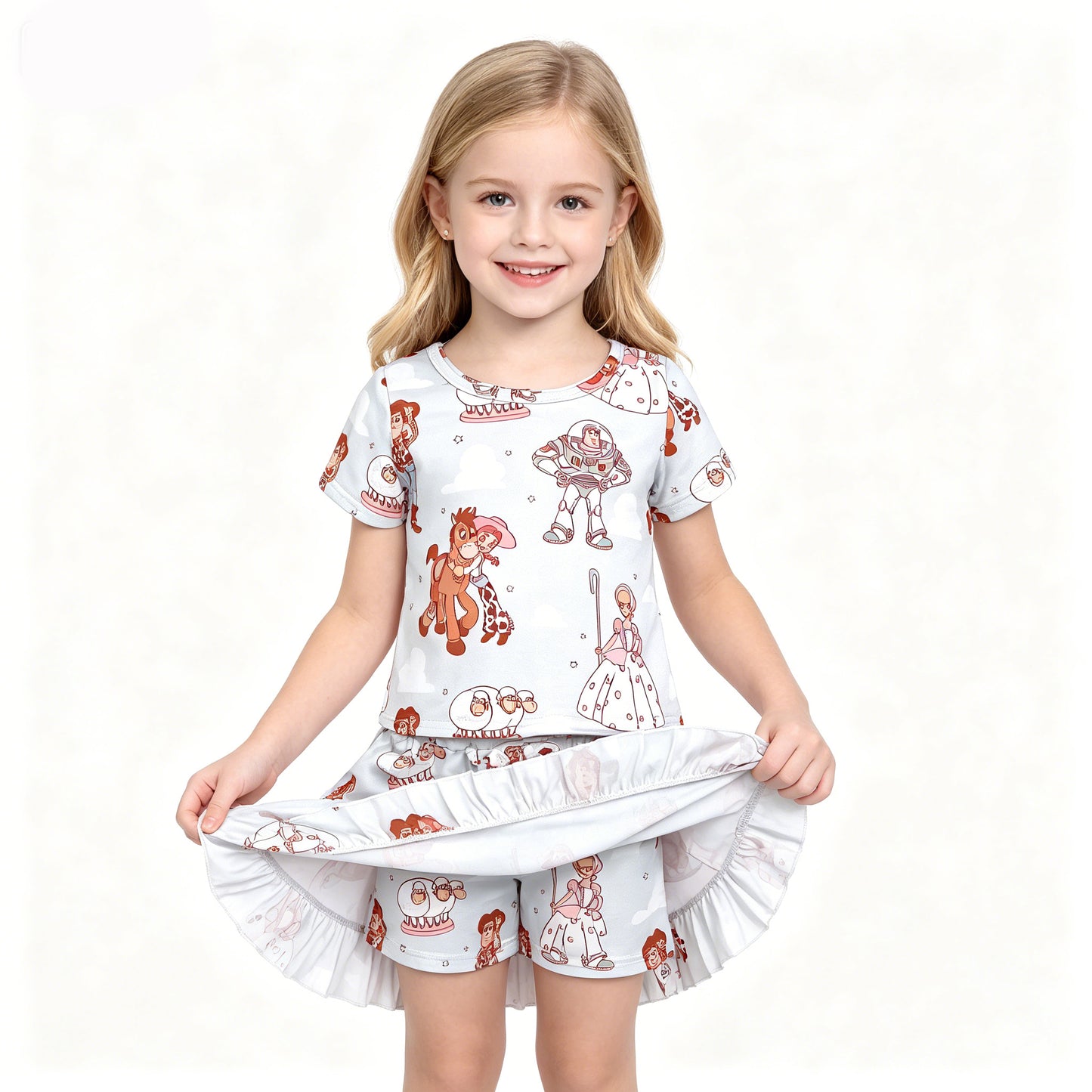 Sibling Baby Girls Cartoon character Outfit Short Sleeve Top +Skort Set