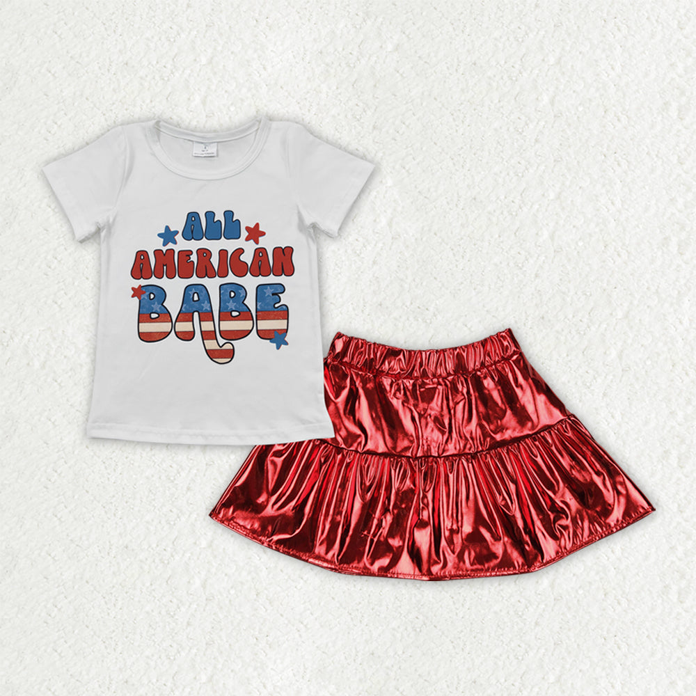 GSD2446 ALL AMERICA BABE Top Red Leather Metallic Skirts Baby Girls 4th of July Clothes Set