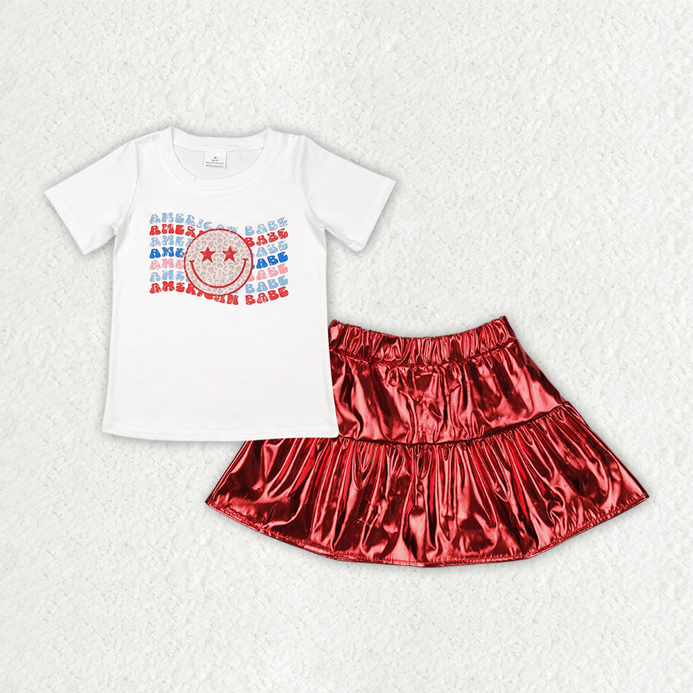 GSD2447 AMERICA BABE Smiling Top Red Leather Metallic Skirts Baby Girls 4th of July Clothes Set