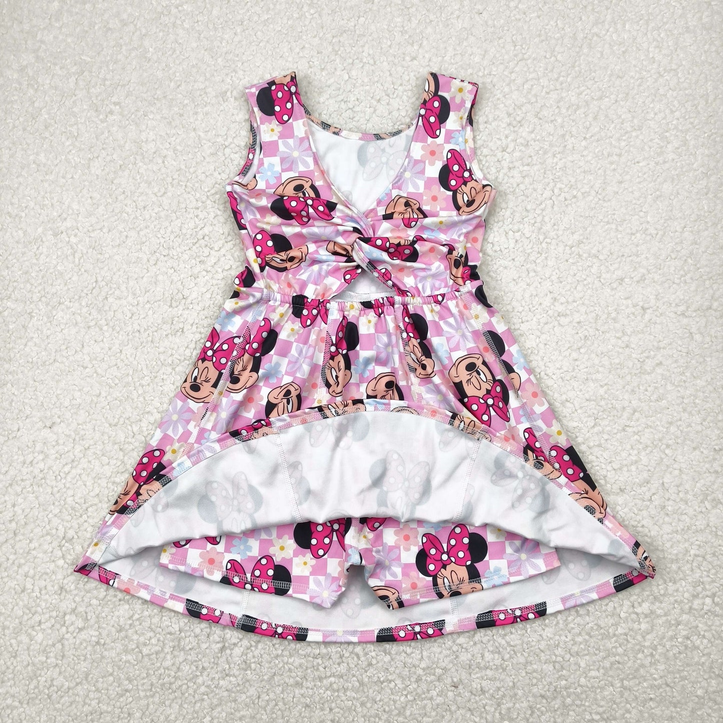 GSD2461 Cartoon Mouse Plaid Flowers Print Girls Sleeveless Yoga Dress