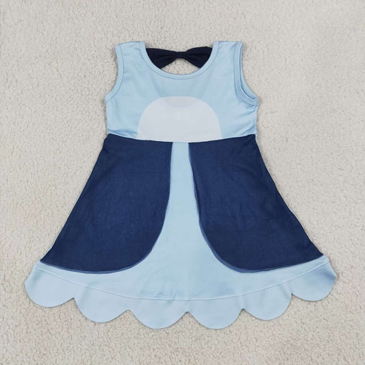 GSD2515 Cartoon Dog Blue Girls Sleeveless Scalloped Dress