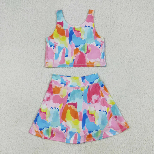 Toddler Girls Sibling Watercolor Tie Dye Sleeveless Crop Top & Skort Set Summer Activewear