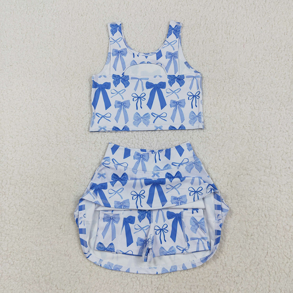 GSD2640 Blue Bows Tank Top Skirts Shorts Girls Yoga Clothes Set