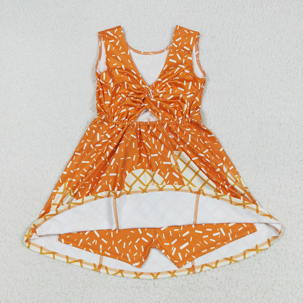 GSD2750 Orange Sprinkle Print Girls Summer Shorts Knee Length Yoga Dress