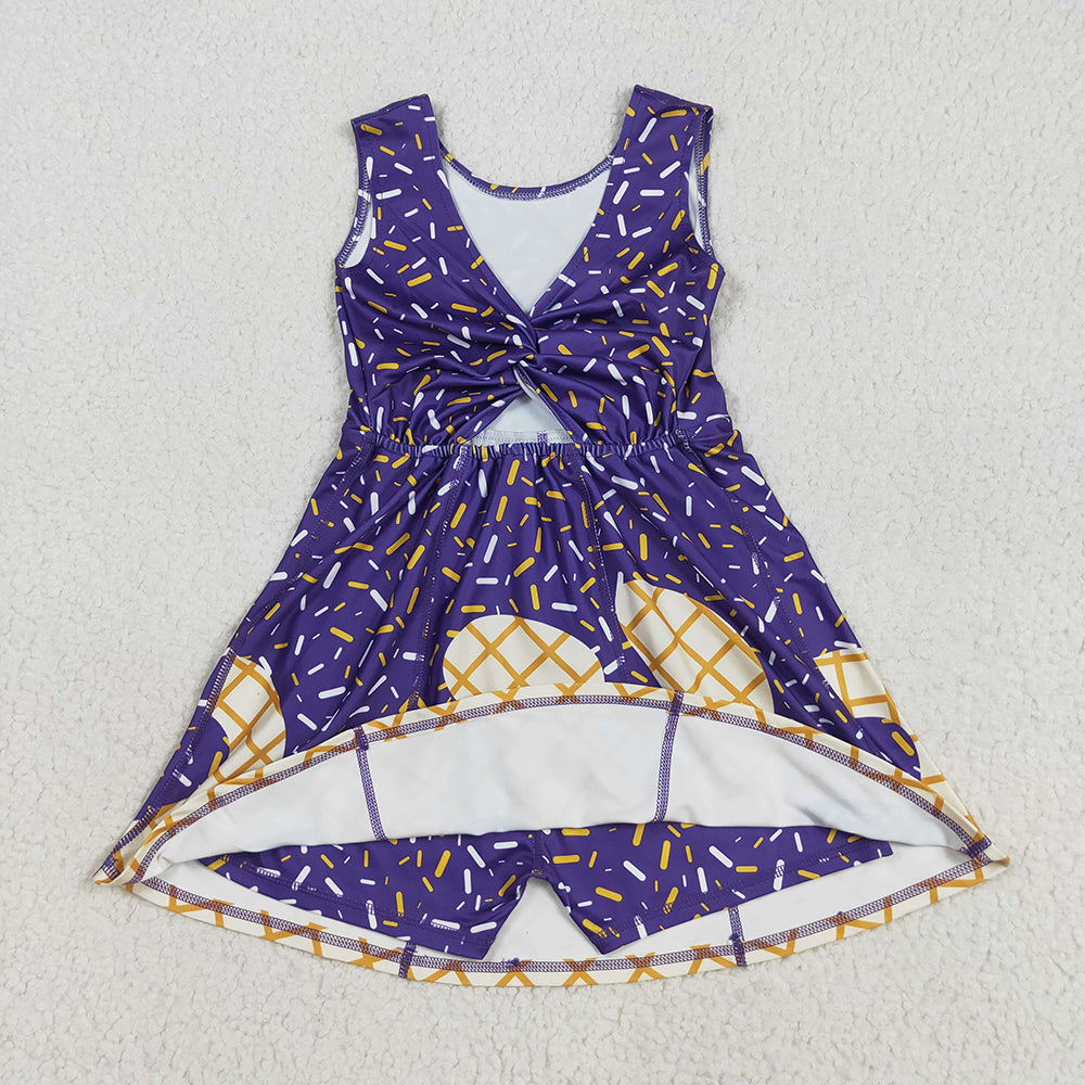 GSD2752 Purple Sprinkle Print Girls Summer Shorts Knee Length Yoga Dress