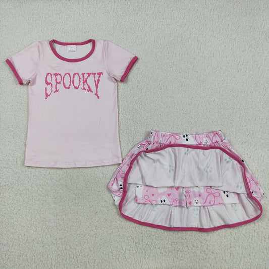 GSD2776 SPOOKY Pink Top Ghost Bows Skort Girls Halloween Clothes Set