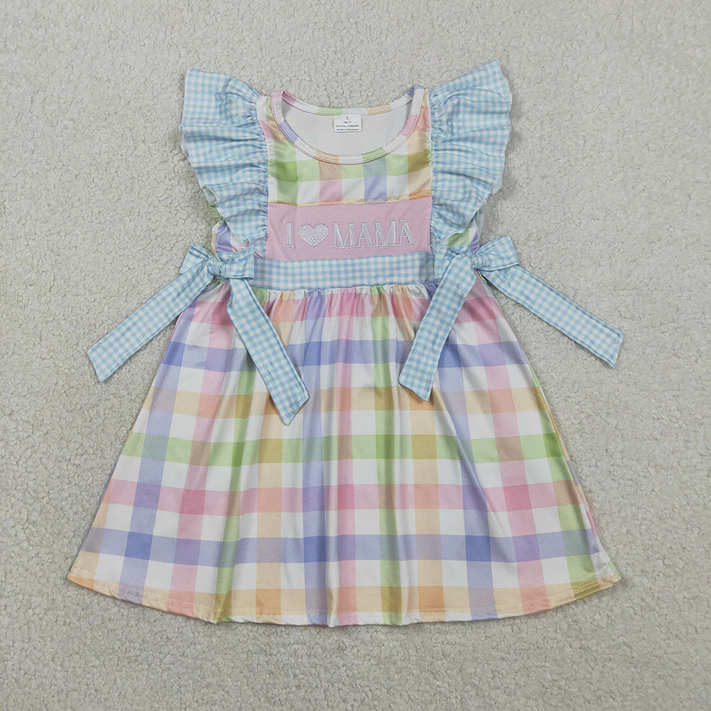 GSD2940 I LOVE MAMA Colorful Plaid Print Girls Flutter Sleeves Knee Length Dress