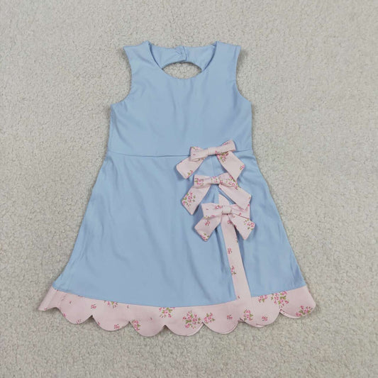 GSD3030 Pink Floral Bows Scallop Edge Baby Girls Blue Sleeveless Yoga Dress