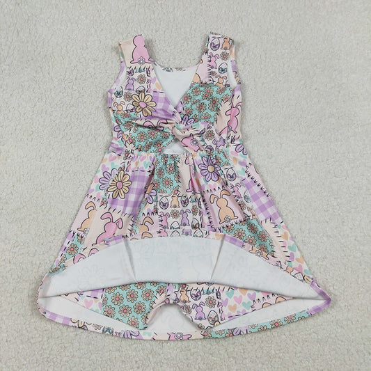 GSD3051 Bunny Flowers Print Girls Easter Shorts Knee Length Yoga Dress