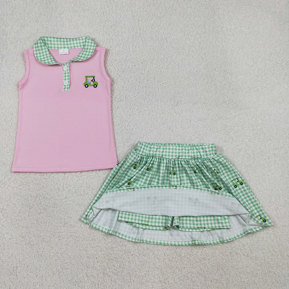 GSD3120 Golf Trucks Embroidery Pink Top Plaid Skirts Shorts Girls Summer Clothes Set