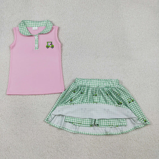GSD3120 Golf Trucks Embroidery Pink Top Plaid Skirts Shorts Girls Summer Clothes Set