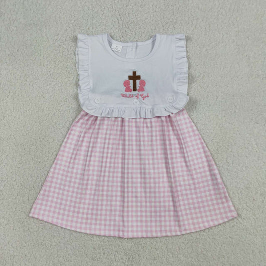 GSD3201 Girls’ “Child of God” Embroidery Pink Plaid Sleeveless Knee Length Dress