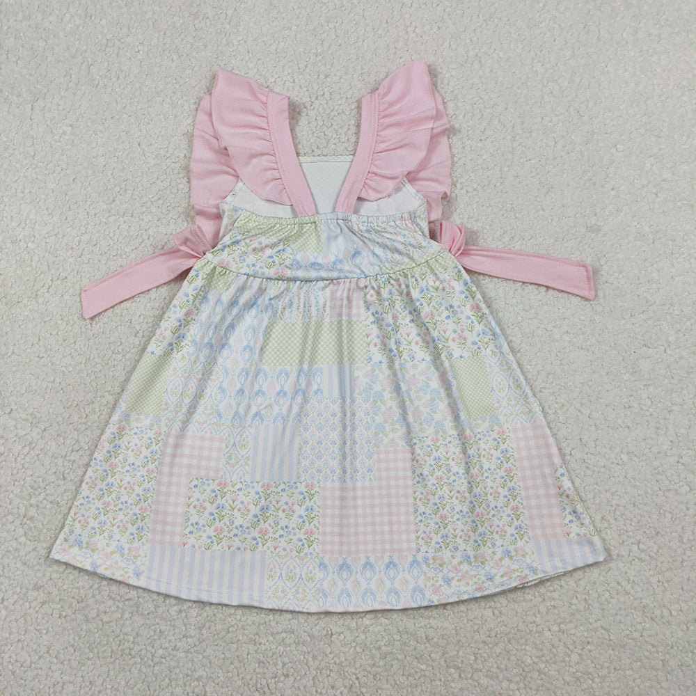 GSD3249 Small Flowers Plaid Print Girls Summer Ruffle Knee Length Dress