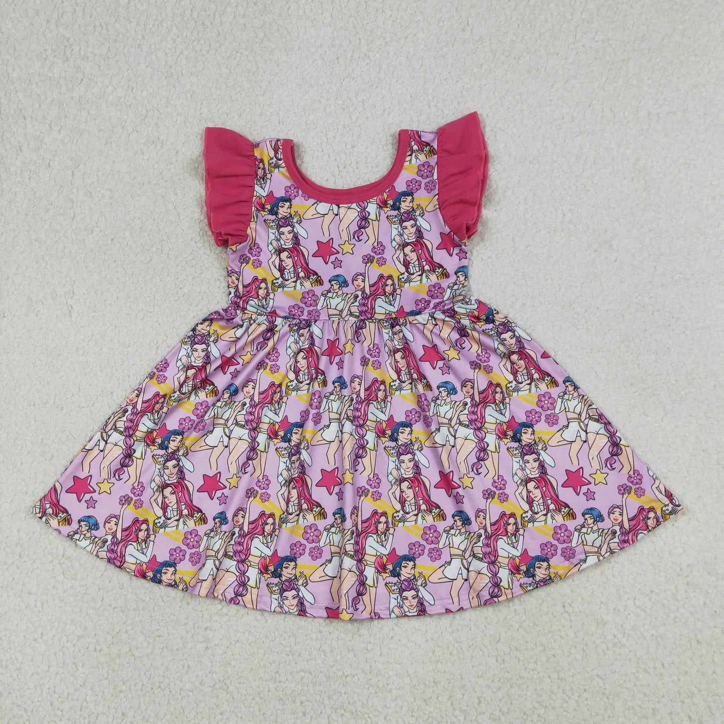GSD3273 Girls Cartoon Demon Pink Flutter Sleeve Twirl Dress