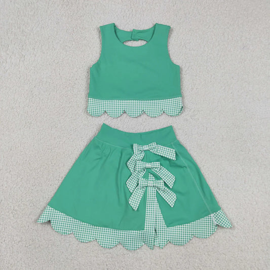 Sibling Baby Girls Green Checked Scallop Yoga Active Skirt Short Dress Clothes Sets
