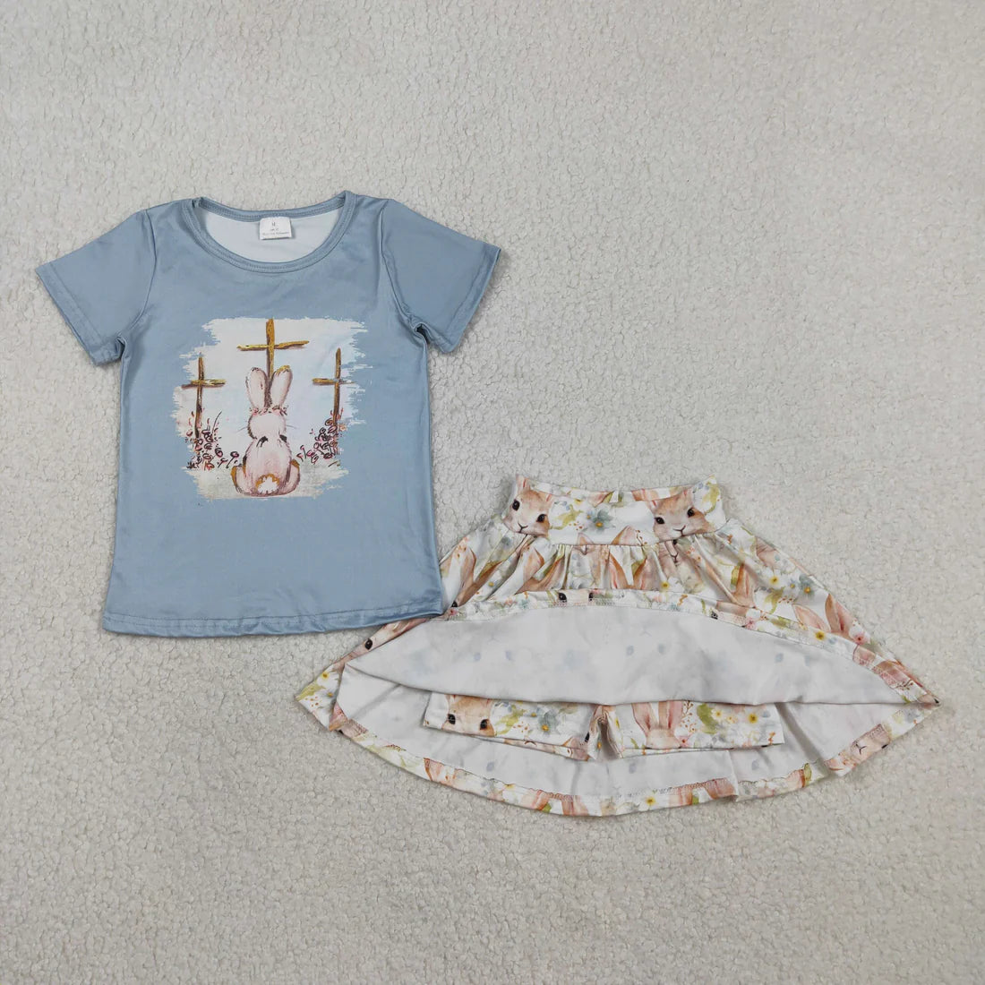 Baby Girls Short Sleeve Crosses Rabbit Top Skirt Shorts Easter Outfit