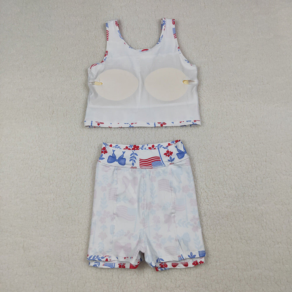 GSD3499 Flag Flowers Bows Print Tank Top Skirts Shorts Girls 4th of July Yoga Clothes Set