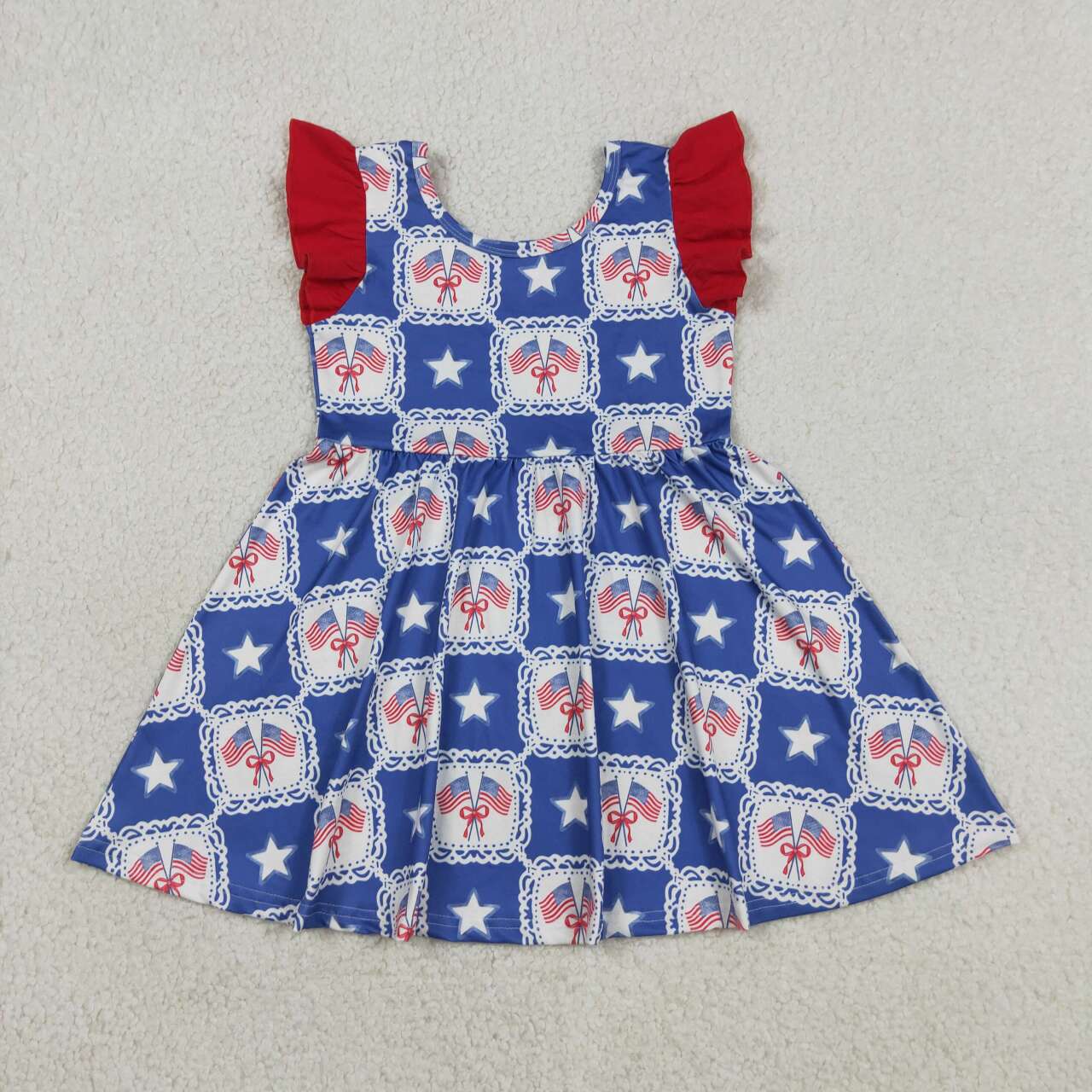 GSD3514 Blue Flag & Star Bow Flutter Sleeve 4th of July Dress - Girls