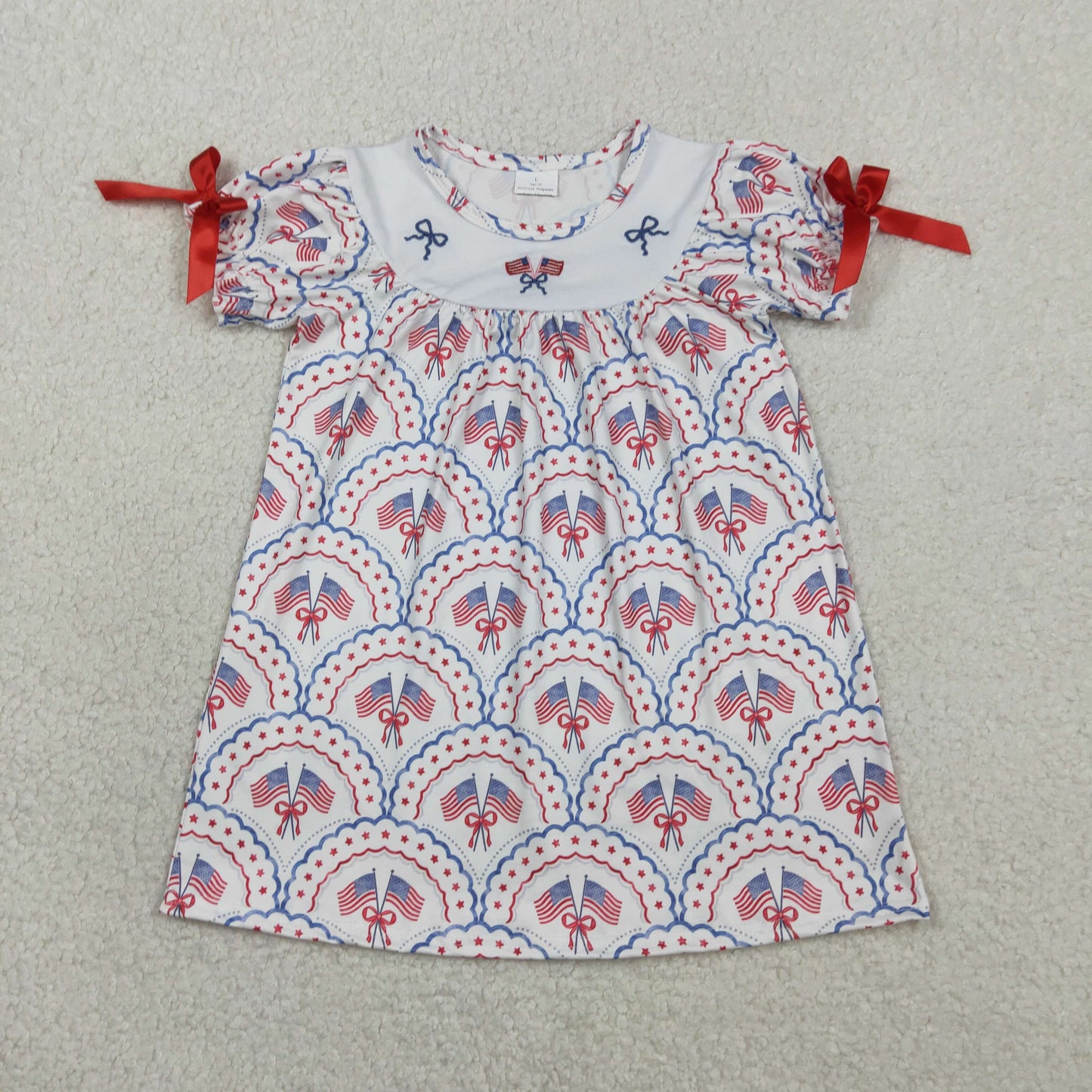 Sibling Baby Girls Embroidery Bows Flags Checked 4th of July Knee Length Dresses