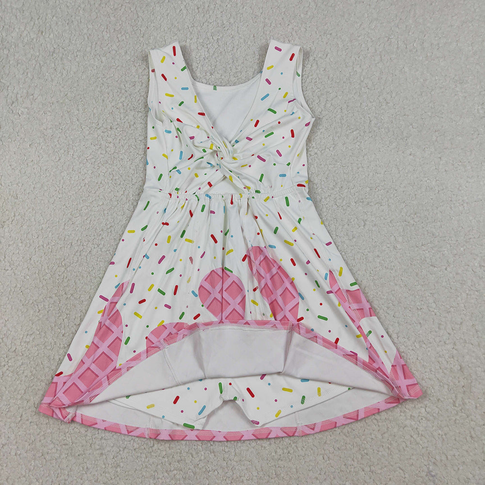 GSD3594 Pink White Sprinkle Print Girls Summer Shorts Knee Length Yoga Dress